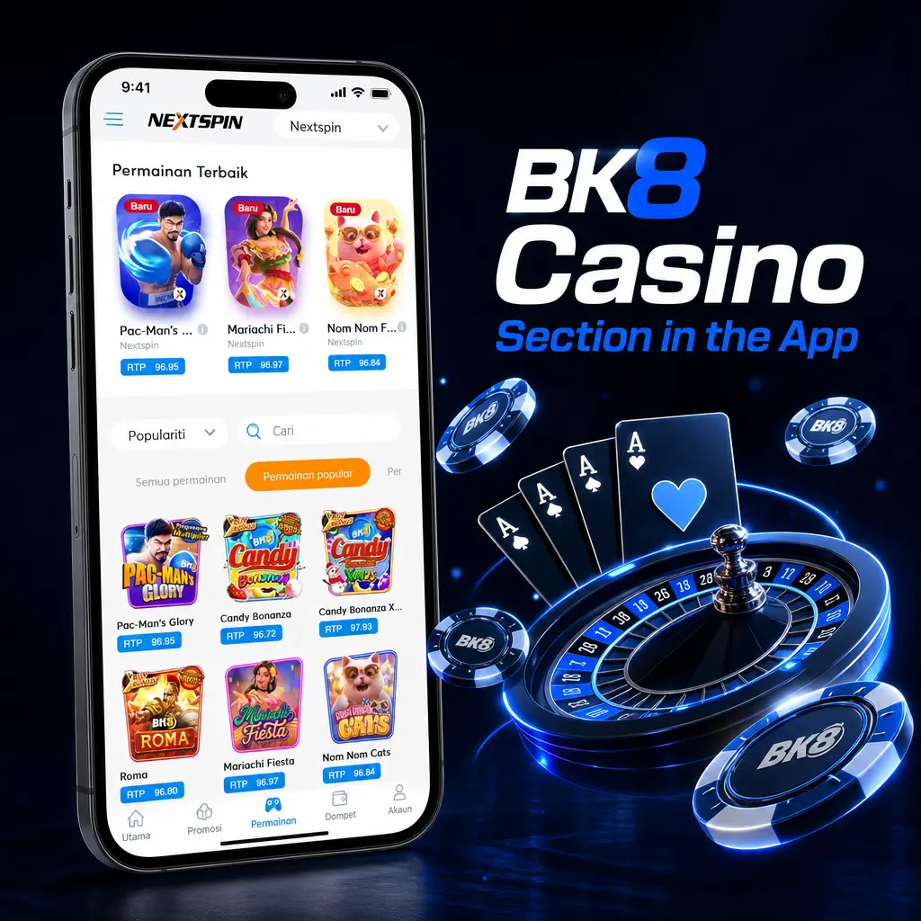 BK8 casino section in the app showing organised categories for slots, live casino, table games, and jackpot slots.