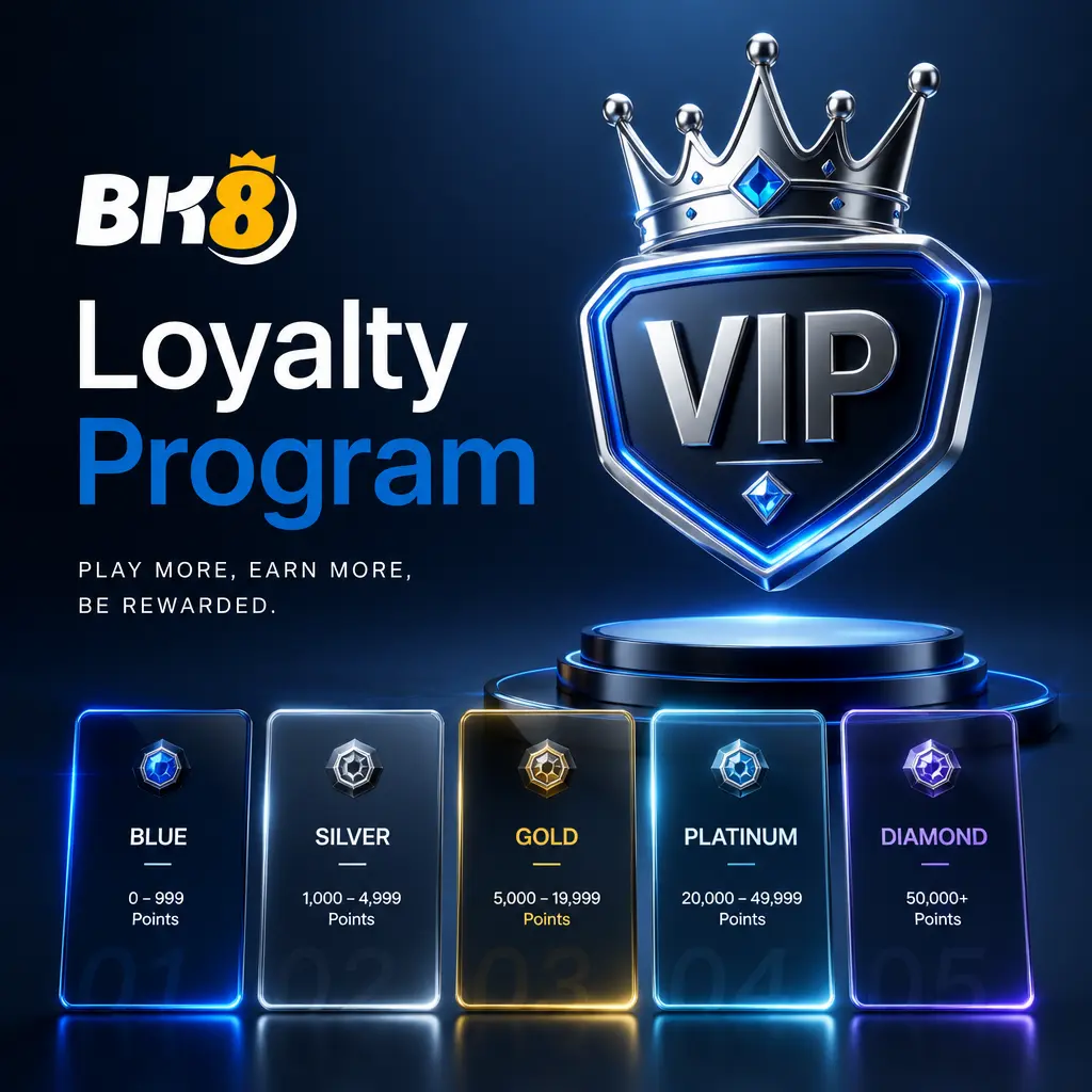 BK8 VIP loyalty program tiers: Bronze, Silver, Gold, Platinum, Diamond with weekly rebates and exclusive perks for Malaysia members.