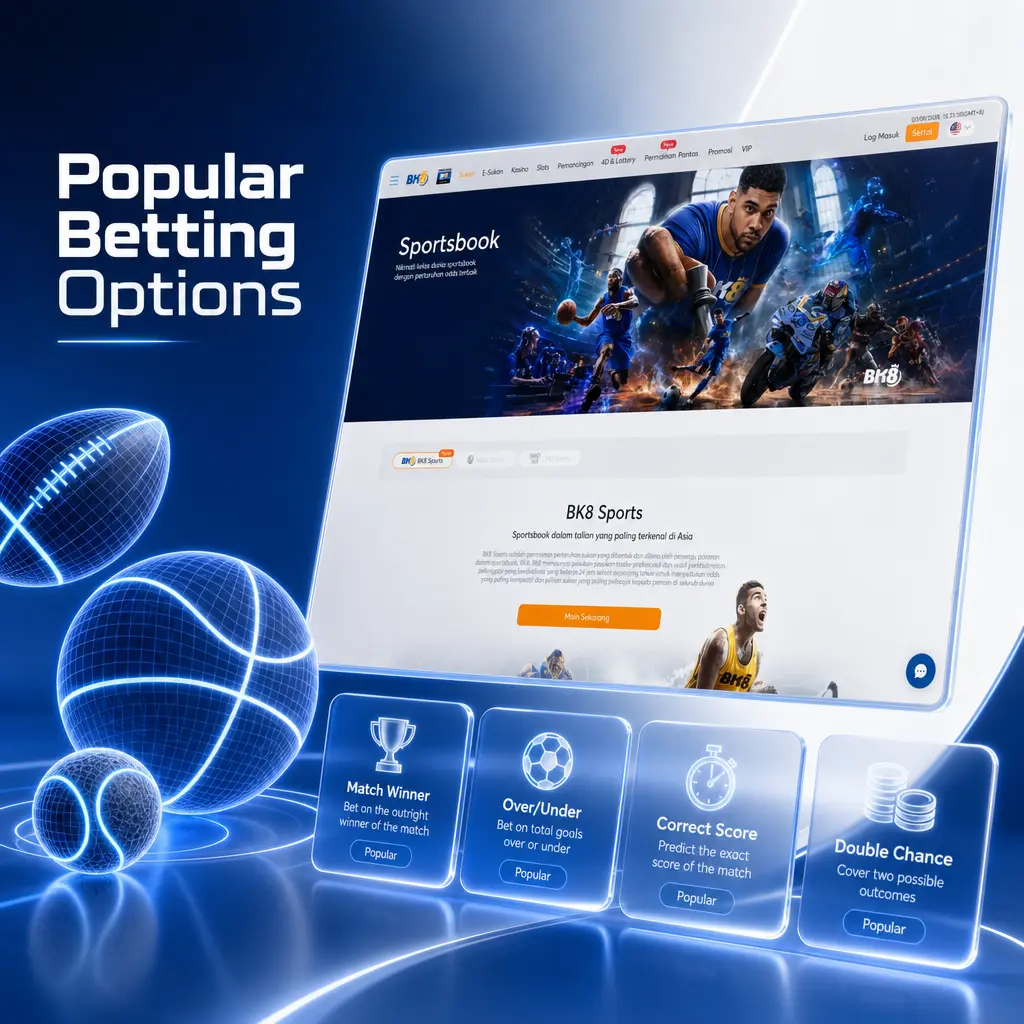 BK8 popular betting options: match betting, Asian handicap, and over/under totals for major sports fixtures.