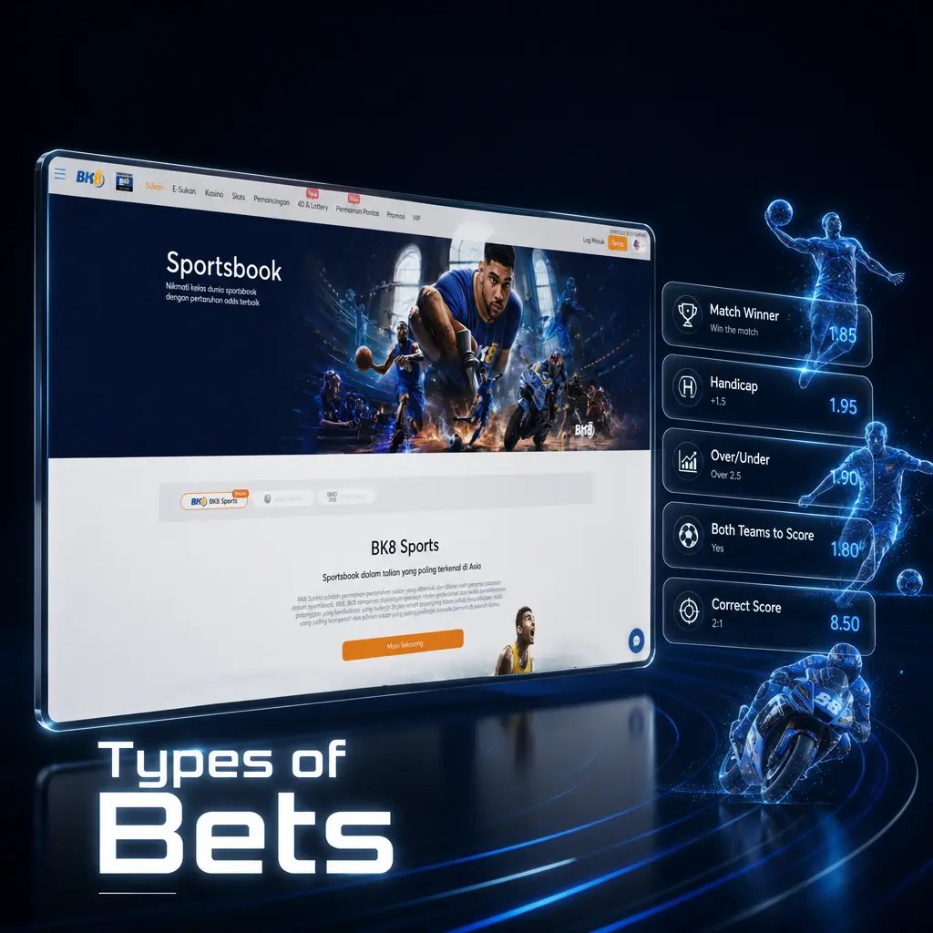 BK8 betting formats: Single, Parlay, System, Live Bet, and Cash Out options for sports wagers