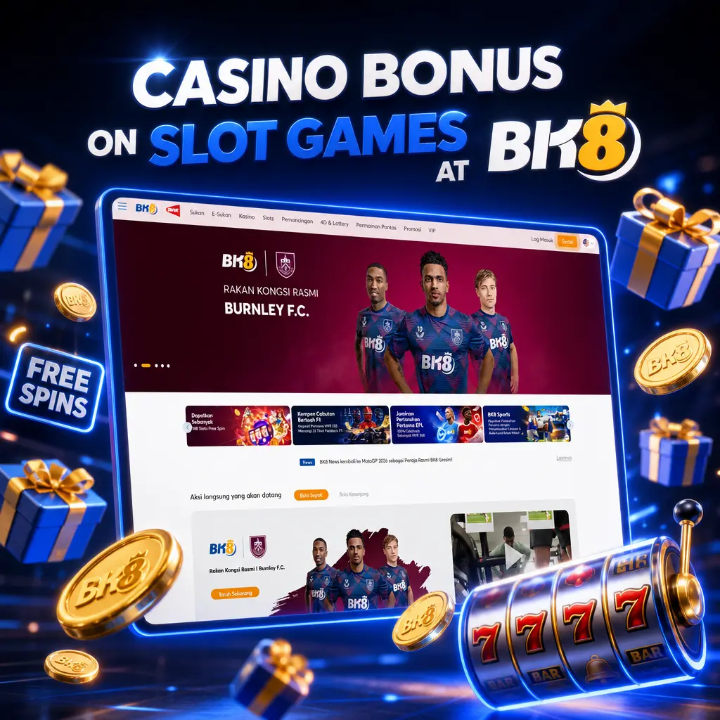BK8 casino bonus for slot games, showing welcome match rate up to MYR 2,880 and deposit offers on the Promotions tab.
