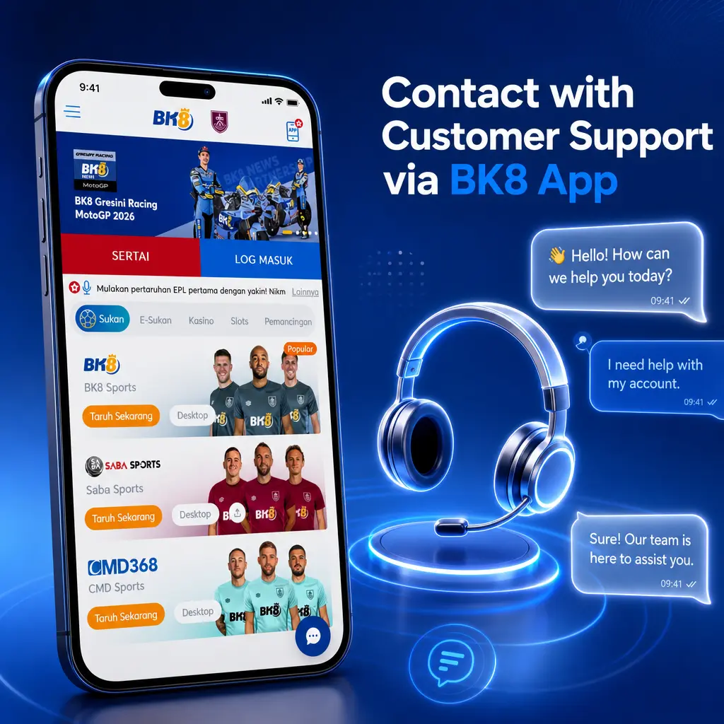BK8 app screen showing 24/7 customer support options including live chat, WhatsApp, email, and Telegram for Malaysian users.