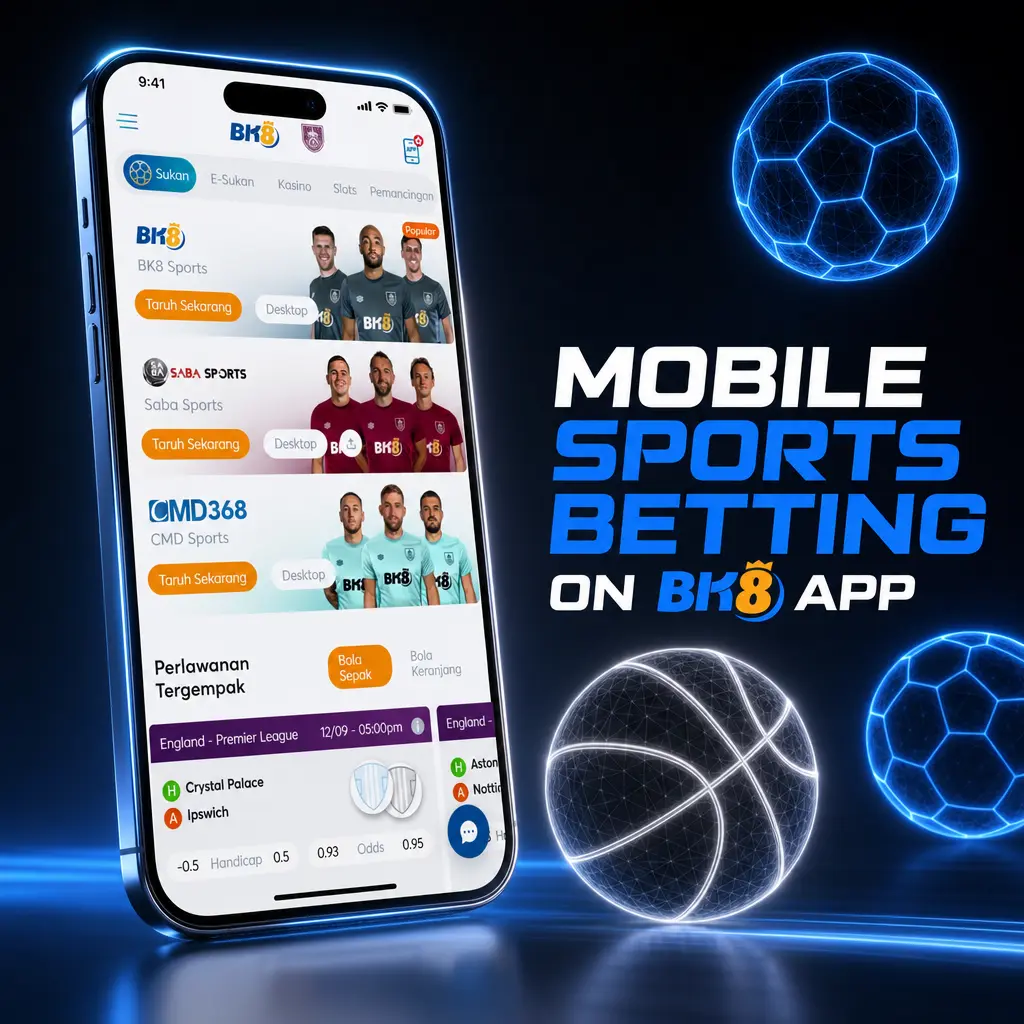 BK8 app mobile sports betting screen showing live odds, football and basketball markets, and in-play stats for Malaysia bettors.