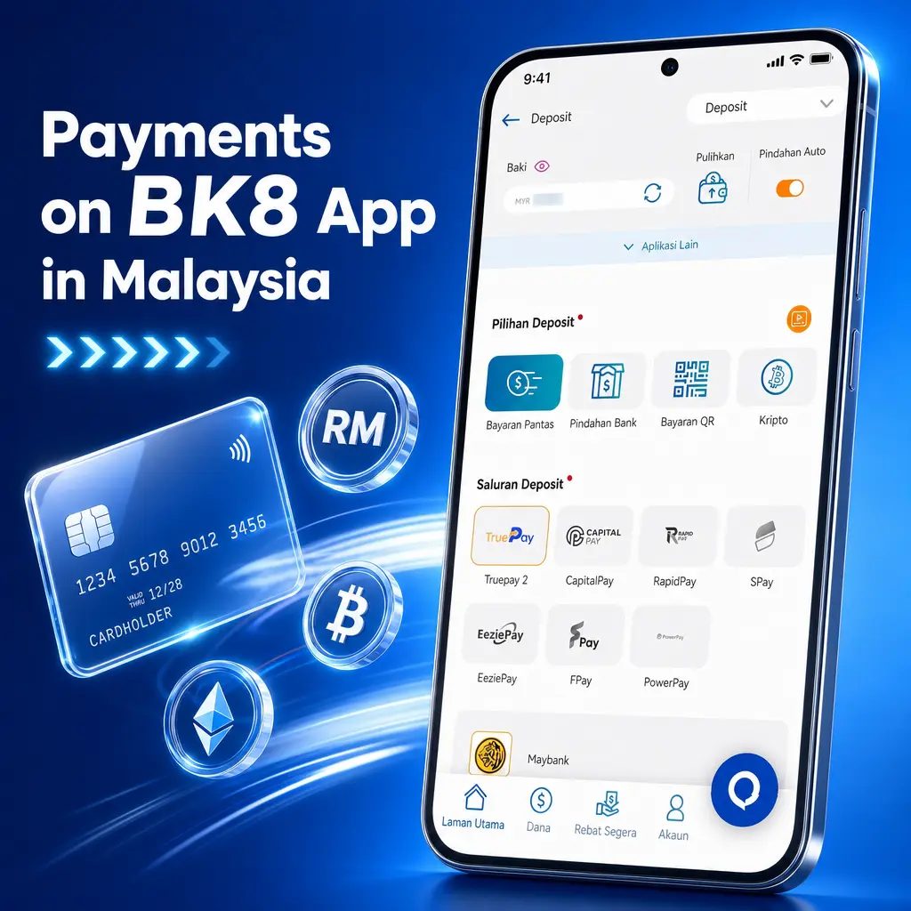 BK8 app Malaysia payment options including Touch'n Go, GrabPay, DuitNow, FPX, crypto, Visa and MasterCard for deposits and withdrawals.