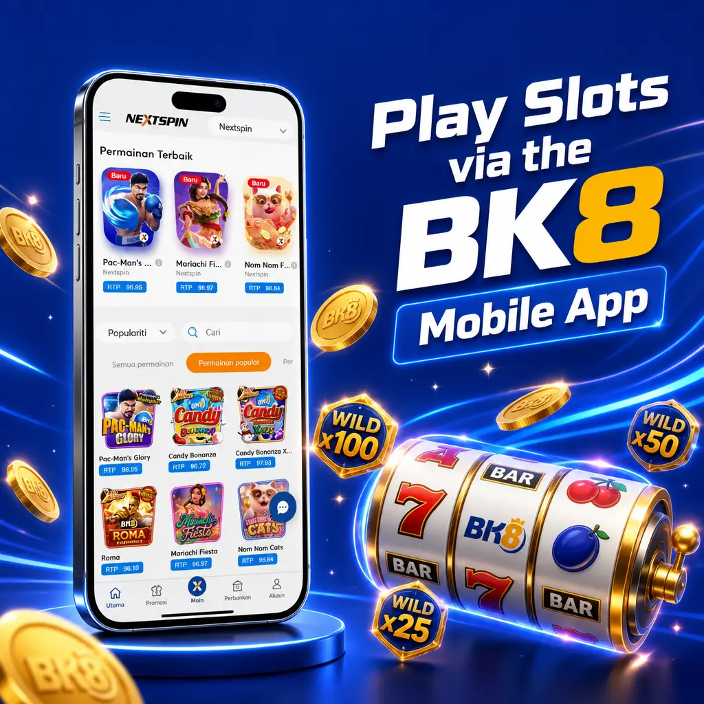 BK8 mobile app interface showing slot game lobby with touch controls, trending titles, and quick navigation menu on smartphone screen